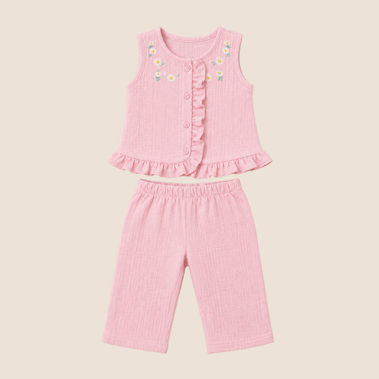 Conjunto 2 Piezas Nina Muselina Rosa Bordado Margaritas