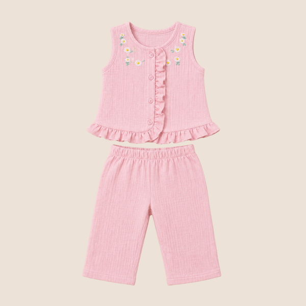 Conjunto 2 Piezas Nina Muselina Rosa Bordado Margaritas