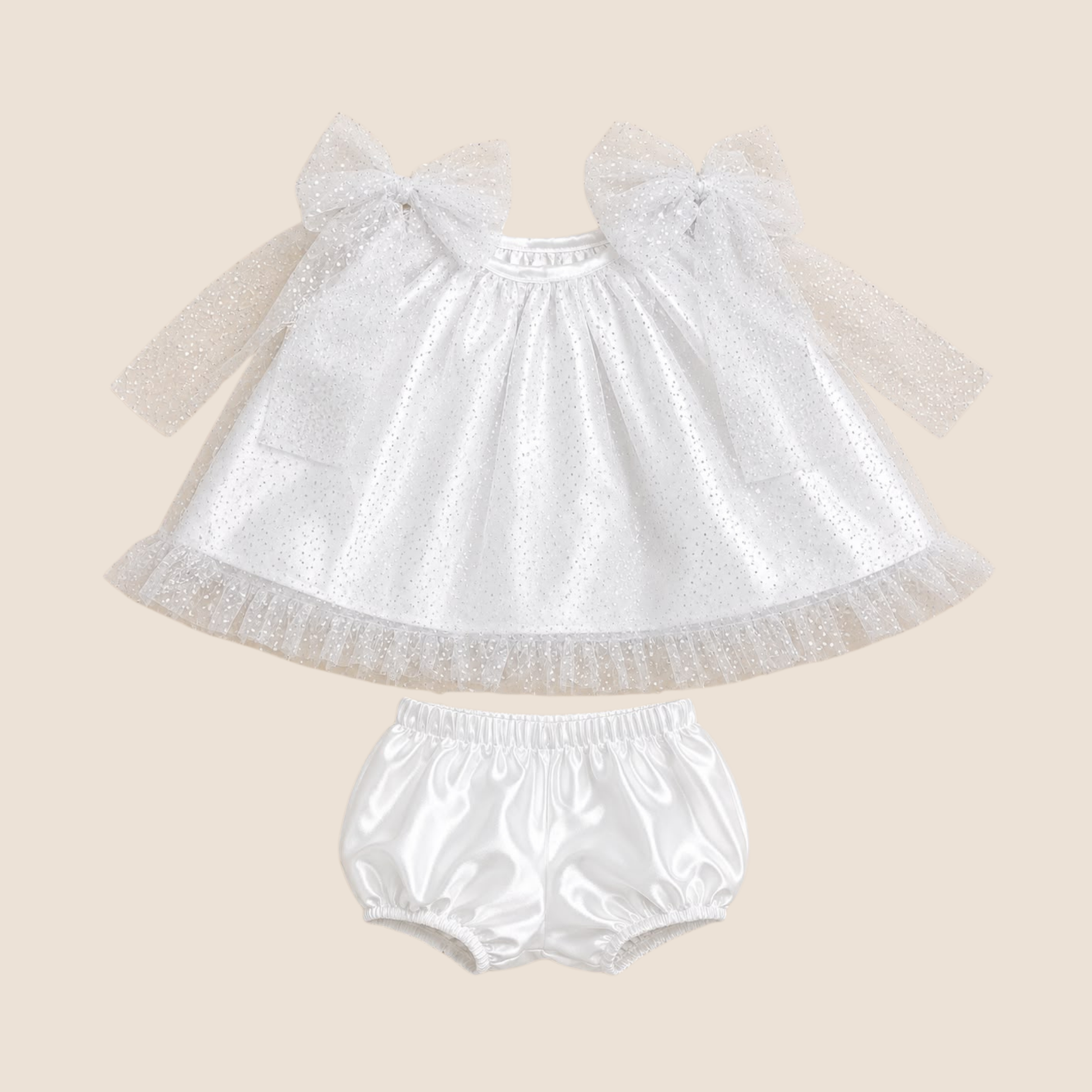 Conjunto gala bebe nina 2 piezas blanco tul brillante con lazos y bloomer satinado vista plana