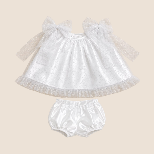 Conjunto gala bebe nina 2 piezas blanco tul brillante con lazos y bloomer satinado vista plana