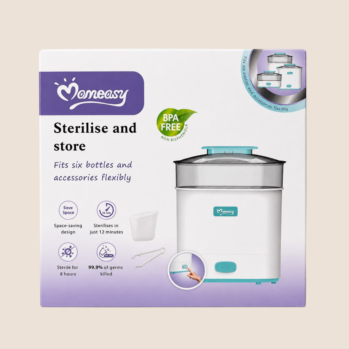 Esterilizador a Vapor Electrico Momeasy 6 Teteros BPA Free (promoción) necesita adaptador para enchufe europeo)