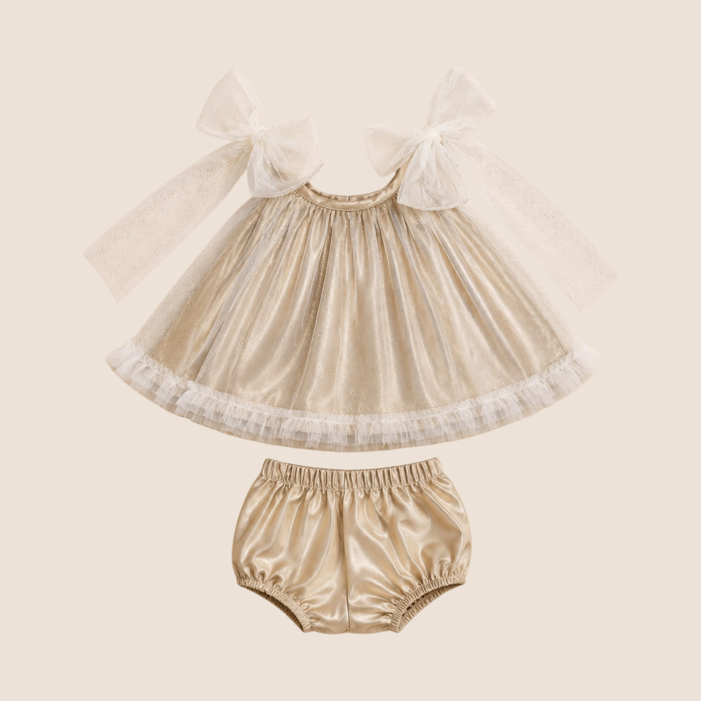Conjunto gala bebe nina 2 piezas blusa dorada champagne con tul lazos blancos y bloomer