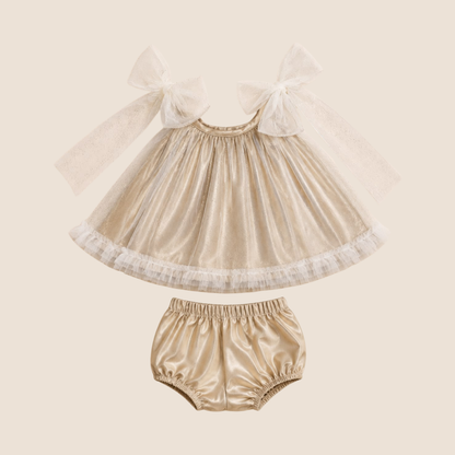 Conjunto gala bebe nina 2 piezas blusa dorada champagne con tul lazos blancos y bloomer