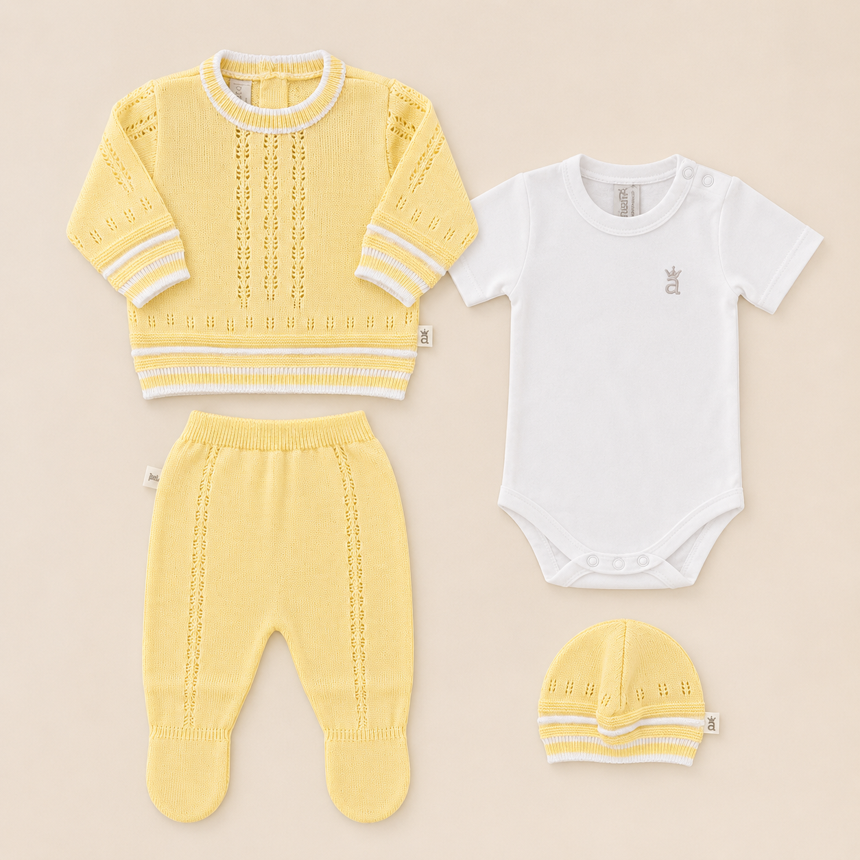 Conjunto Tejido para Recién Nacido 4 Piezas Amarillo Limón – Suéter, Pantalón, Body y Gorro
