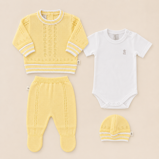 Conjunto Tejido para Recién Nacido 4 Piezas Amarillo Limón – Suéter, Pantalón, Body y Gorro