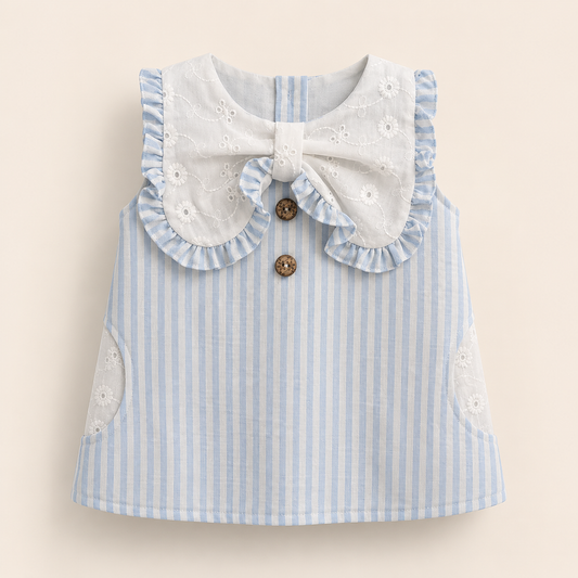 ⚪️ Vestido Bebé Niña | Blómer Clásico Azul con Cuello Bordado y Moño