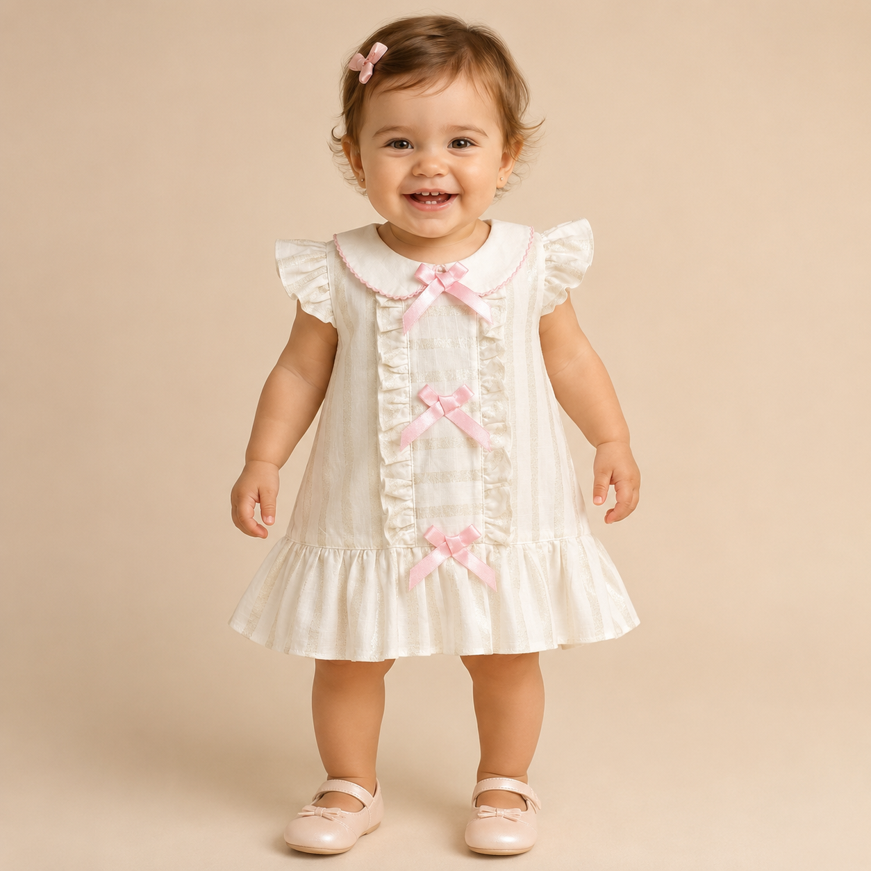⚪️ Vestido Niña Estilo Coquette | Crema con Moños Rosados, Cuello Peter Pan y Volantes |