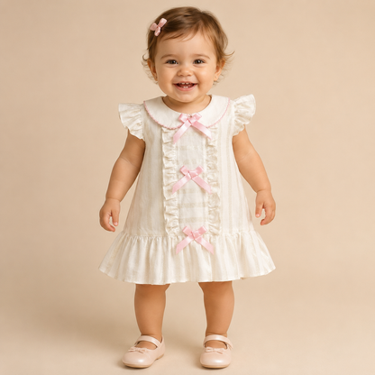 ⚪️ Vestido Niña Estilo Coquette | Crema con Moños Rosados, Cuello Peter Pan y Volantes |