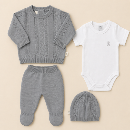 Conjunto Tejido Clásico para Bebé Gris Suave | Suéter, Polaina, Body y Gorro | 4 Piezas