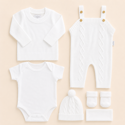 ⚪️ Conjunto Primera Muda Tejido Ref. Wally – Blanco | Mara Baby