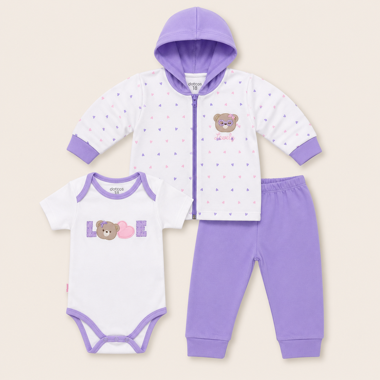 Conjunto 3 Piezas Bebe Nina Lila Osita Lovely - Chaqueta con Capucha, Body y Pantalon