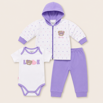 Conjunto 3 Piezas Bebe Nina Lila Osita Lovely - Chaqueta con Capucha, Body y Pantalon