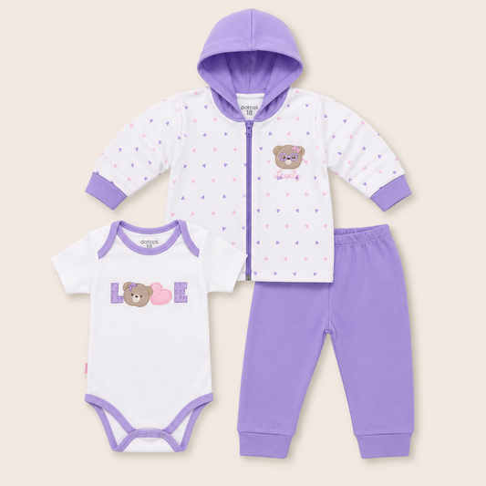 Conjunto 3 Piezas Bebe Nina Lila Osita Lovely - Chaqueta con Capucha, Body y Pantalon