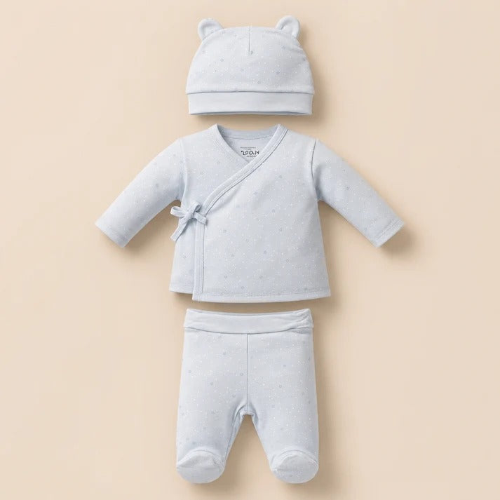 -Set 3 Piezas Recién Nacido Azul Celeste | Camiseta Cruzada, Pantalón con Pies y Gorrito