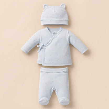 -Set 3 Piezas Recién Nacido Azul Celeste | Camiseta Cruzada, Pantalón con Pies y Gorrito