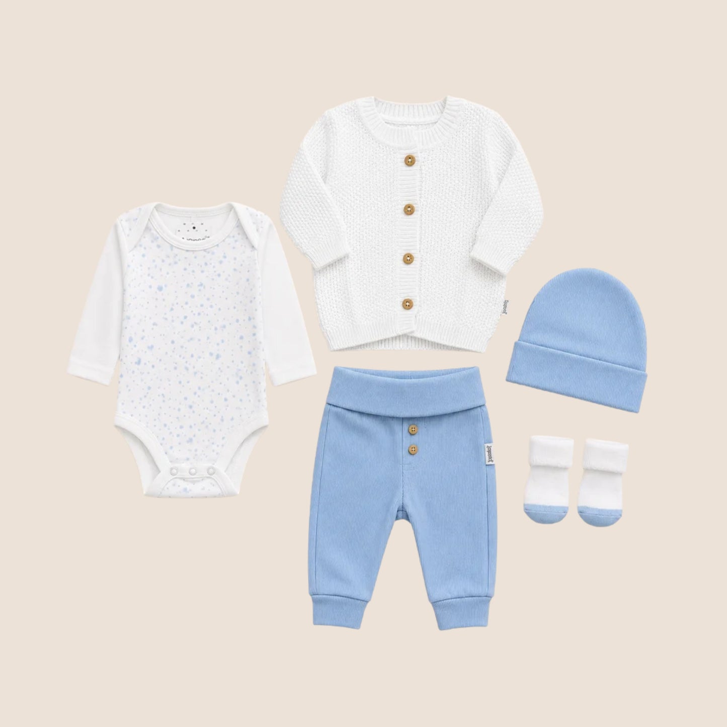 Conjunto Primer Día Tejido Ref. NOA Azul 5 Piezas — Bebé Niño | Mara Baby
