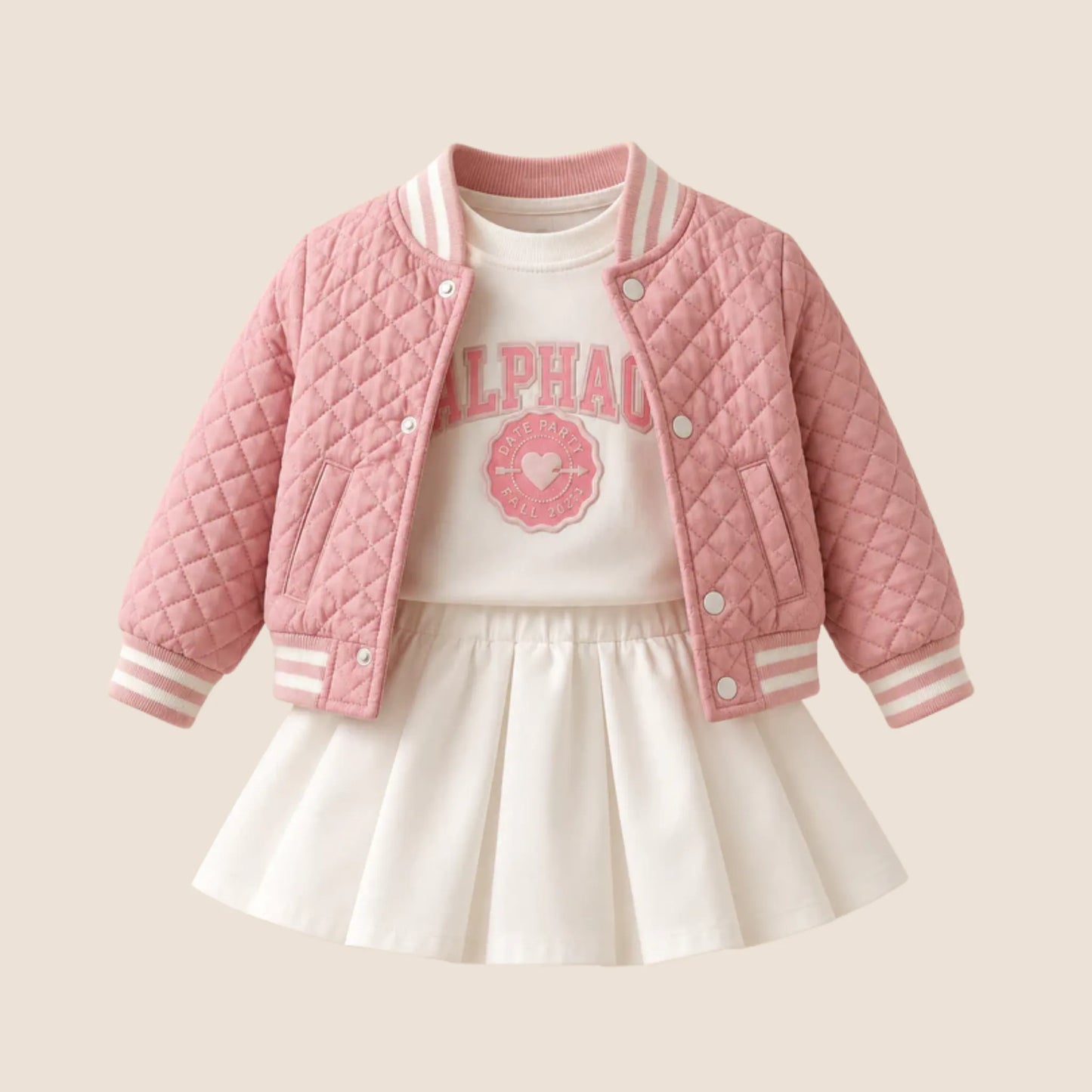 ⚪️ Conjunto 3 Piezas Bebé Niña | Chaqueta Acolchada Rosada + Blusa + Falda Blanca | Mara Baby