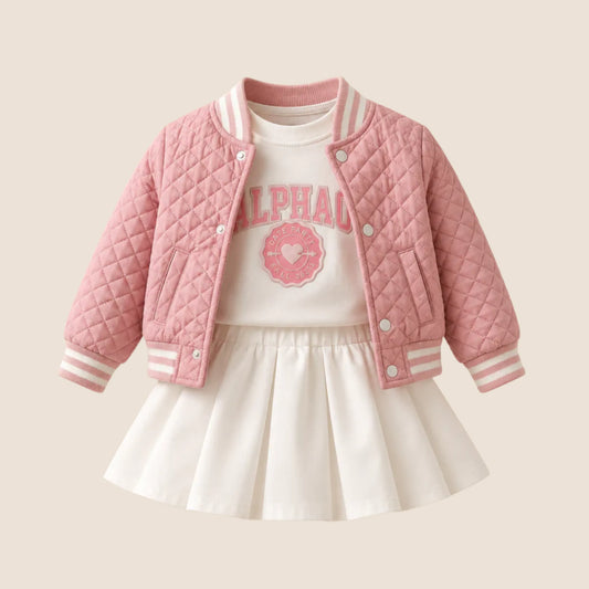 ⚪️ Conjunto 3 Piezas Bebé Niña | Chaqueta Acolchada Rosada + Blusa + Falda Blanca | Mara Baby
