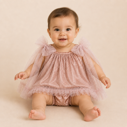 Conjunto Gala Bebe Nina Rosa Tul Brillante Lazos 2 Piezas