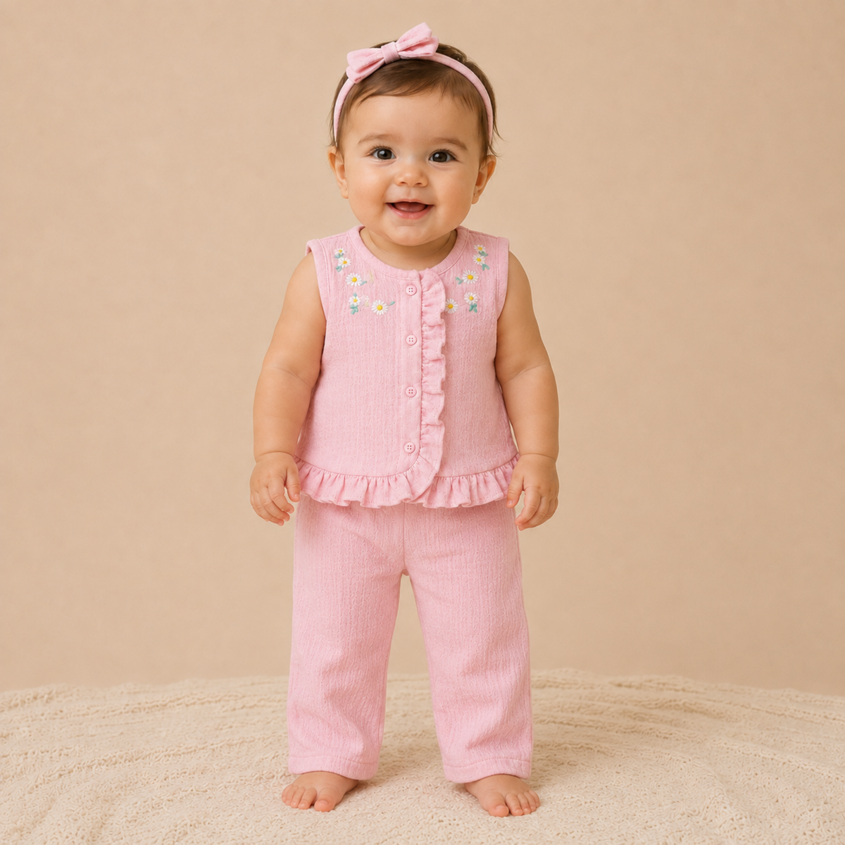 Conjunto 2 Piezas Nina Muselina Rosa Bordado Margaritas