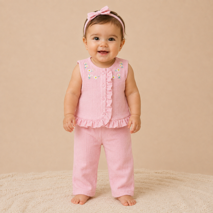 Conjunto 2 Piezas Nina Muselina Rosa Bordado Margaritas