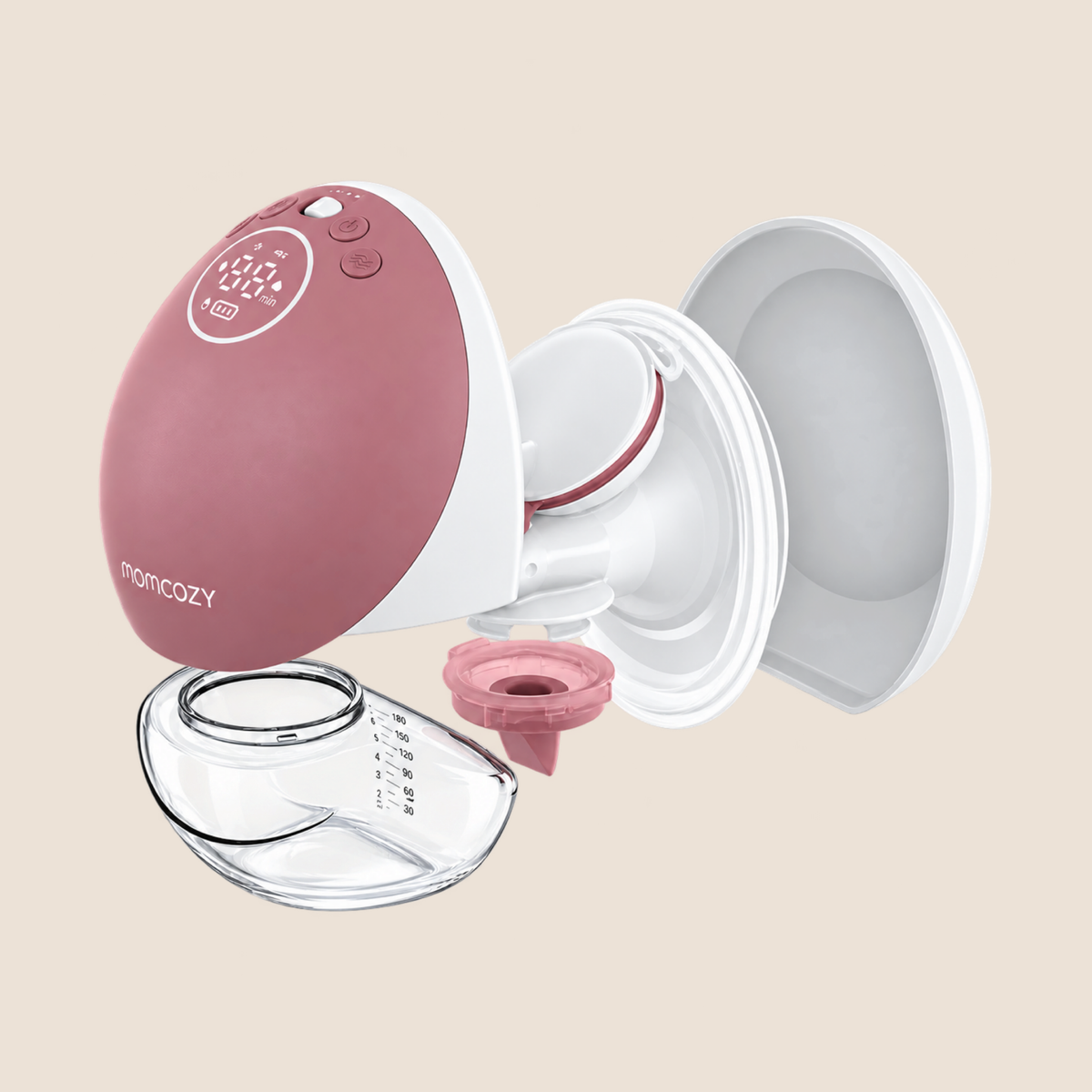 Extractor de leche Momcozy M9 Mobile Flow rosa con piezas desmontadas y recipiente transparente