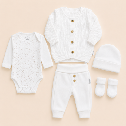 ⚪️ Conjunto Primer Día Tejido Ref. NOA – Blanco | Mara Baby
