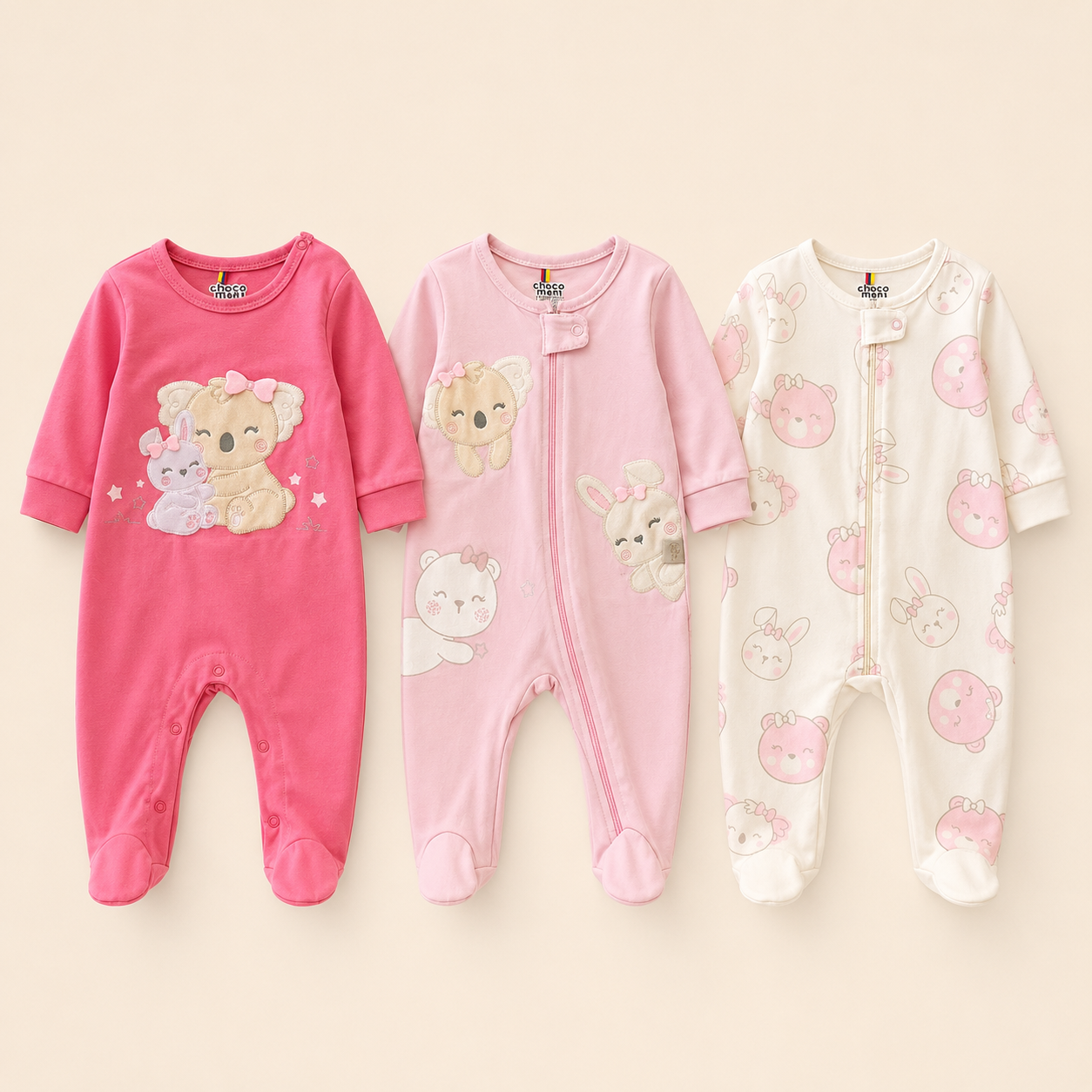 Set 3 Pijamas Enterizas Bebe Nina Chocomie Koala y Conejo con Piecitos