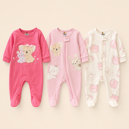 Set 3 Pijamas Enterizas Bebe Nina Chocomie Koala y Conejo con Piecitos