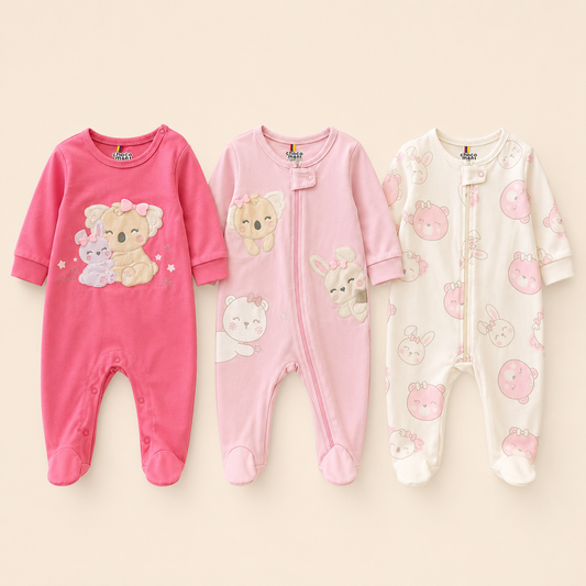 Set 3 Pijamas Enterizas Bebe Nina Chocomie Koala y Conejo con Piecitos