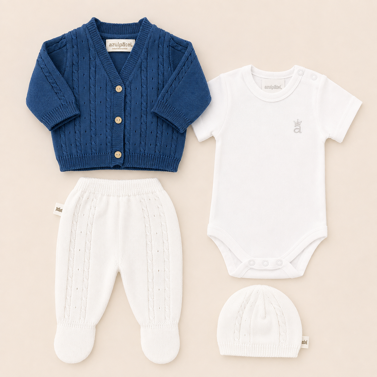Conjunto Tejido Clásico para Bebé | Cardígan Azul Petróleo, Polaina, Body y Gorro | 4 Piezas