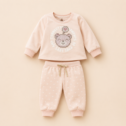 ⭕️ Conjunto 2 Piezas Bebé Niña Rosa Palo | Sudadera Osito Pixel Art Pure Love + Jogger Lunares | Mara Baby