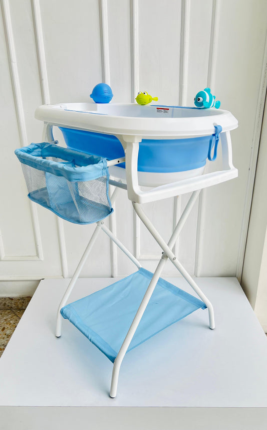 BAÑERA ALTA CON SOPORTE PLEGABLE Y ACCESORIOS AZUL