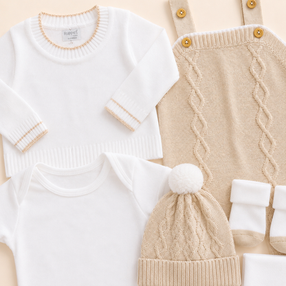 ⚪️ Conjunto Primera Muda Tejido Ref. Wally – Beige | Mara Baby