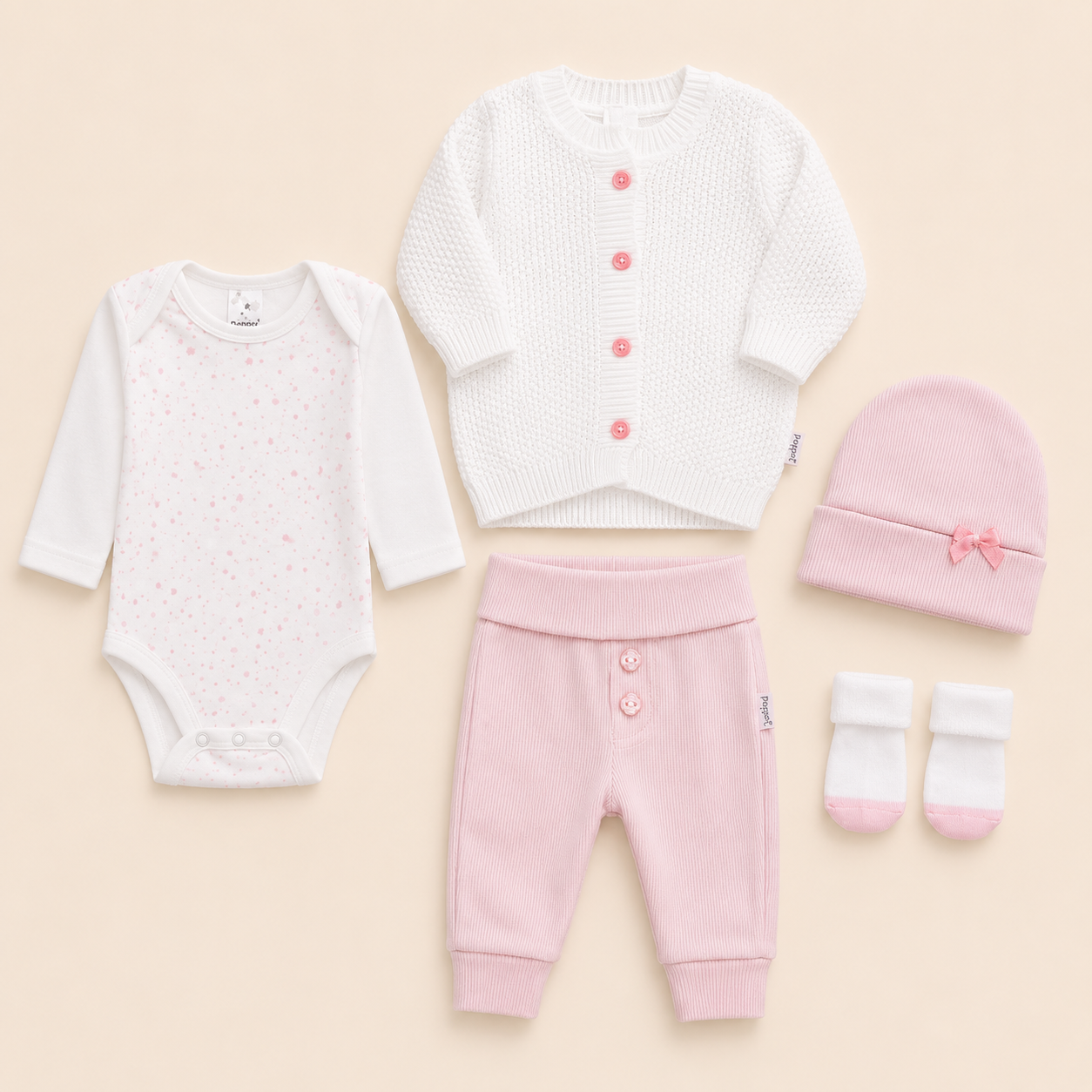 ⚪️ Conjunto Primer Día Tejido Ref. NOA – Rosa | Mara Baby