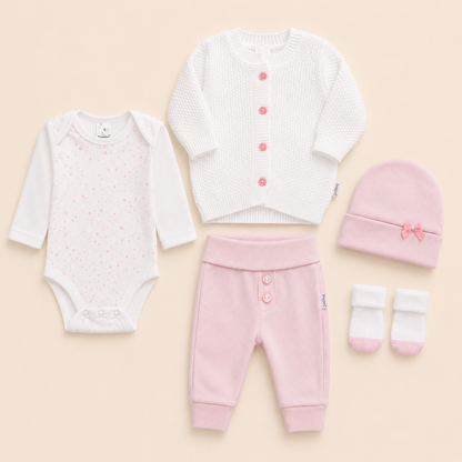⚪️ Conjunto Primer Día Tejido Ref. NOA – Rosa | Mara Baby