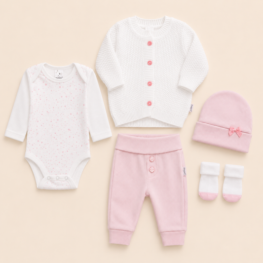 Conjunto Primer Día Tejido Ref. NOA Rosa 5 Piezas — Bebé Niña | Mara Baby