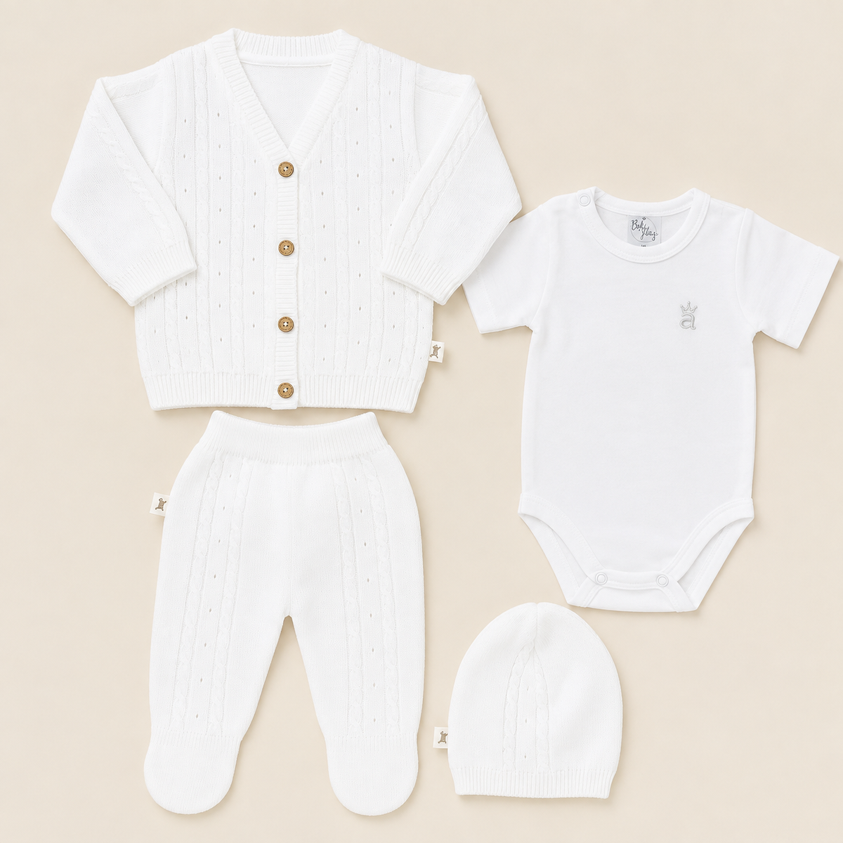 Conjunto Tejido Clásico para Bebé Blanco | Cardígan, Polaina, Body y Gorro | 4 Piezas