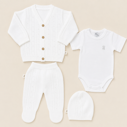 Conjunto Tejido Clásico para Bebé Blanco | Cardígan, Polaina, Body y Gorro | 4 Piezas