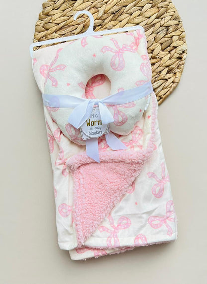 SET COBIJA CON ALMOHADA ANTIVUELCO - DISEÑO MOÑOS ROSADOS