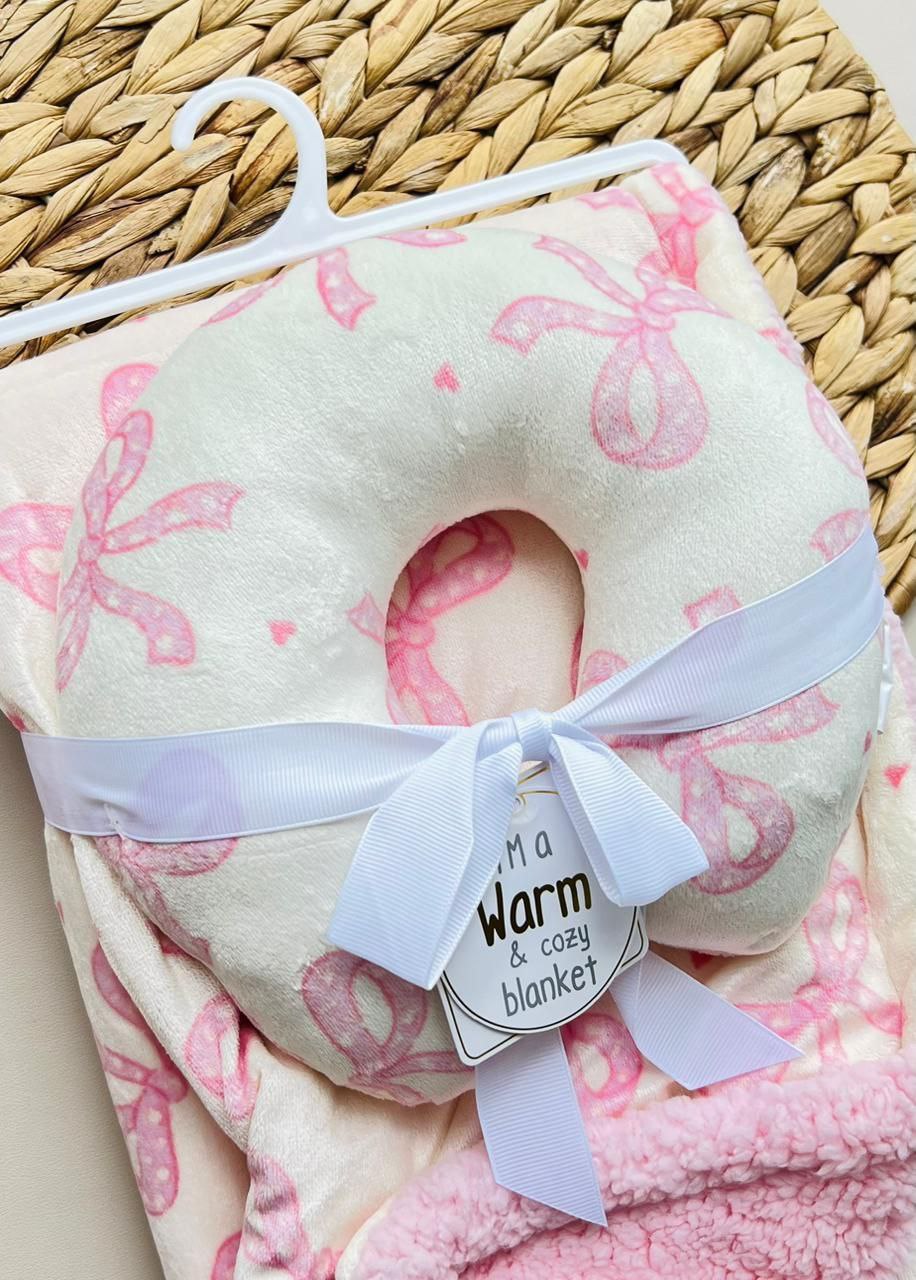 SET COBIJA CON ALMOHADA ANTIVUELCO - DISEÑO MOÑOS ROSADOS