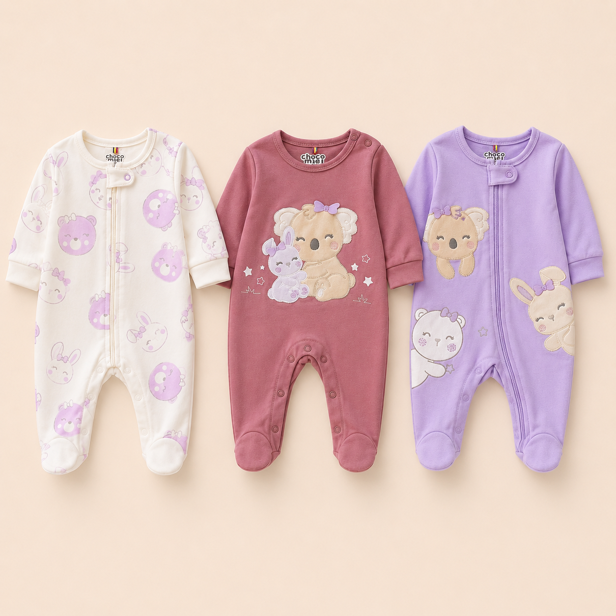 Set 3 Pijamas Enterizas Bebe Nina Koala Conejo Oso Lila - Manga Larga con Piecitos