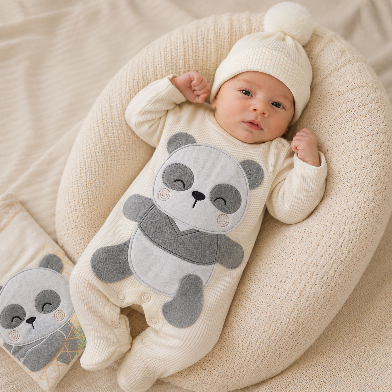 Ajuar Recién Nacido Panda 8 Piezas – Crema & Gris | Bordado Artesanal | Mara Baby