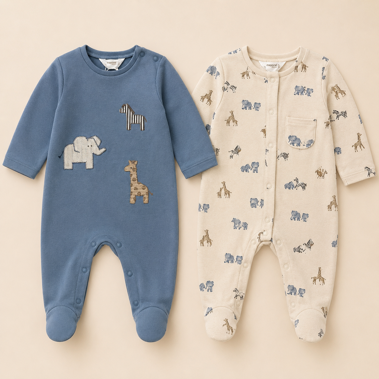 Set x2 Pijamas Enterizos Bebé Niño Animales Safari Azul y Crema | Mara Baby
