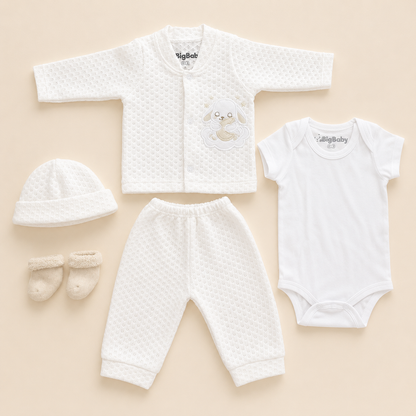 ⚪️ Conjunto Tejido 5 Piezas – Blanco Conejito | Mara Baby