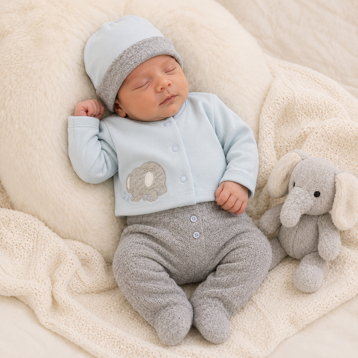 Ajuar Recién Nacido Niño Set 7 Piezas Azul Gris | Elefante Bordado | Mara Baby
