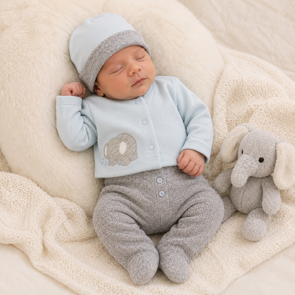 Ajuar Recién Nacido Niño Set 7 Piezas Azul Gris | Elefante Bordado | Mara Baby