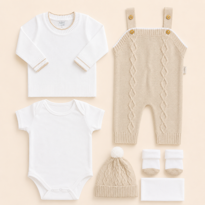 ⚪️ Conjunto Primera Muda Tejido Ref. Wally – Beige | Mara Baby