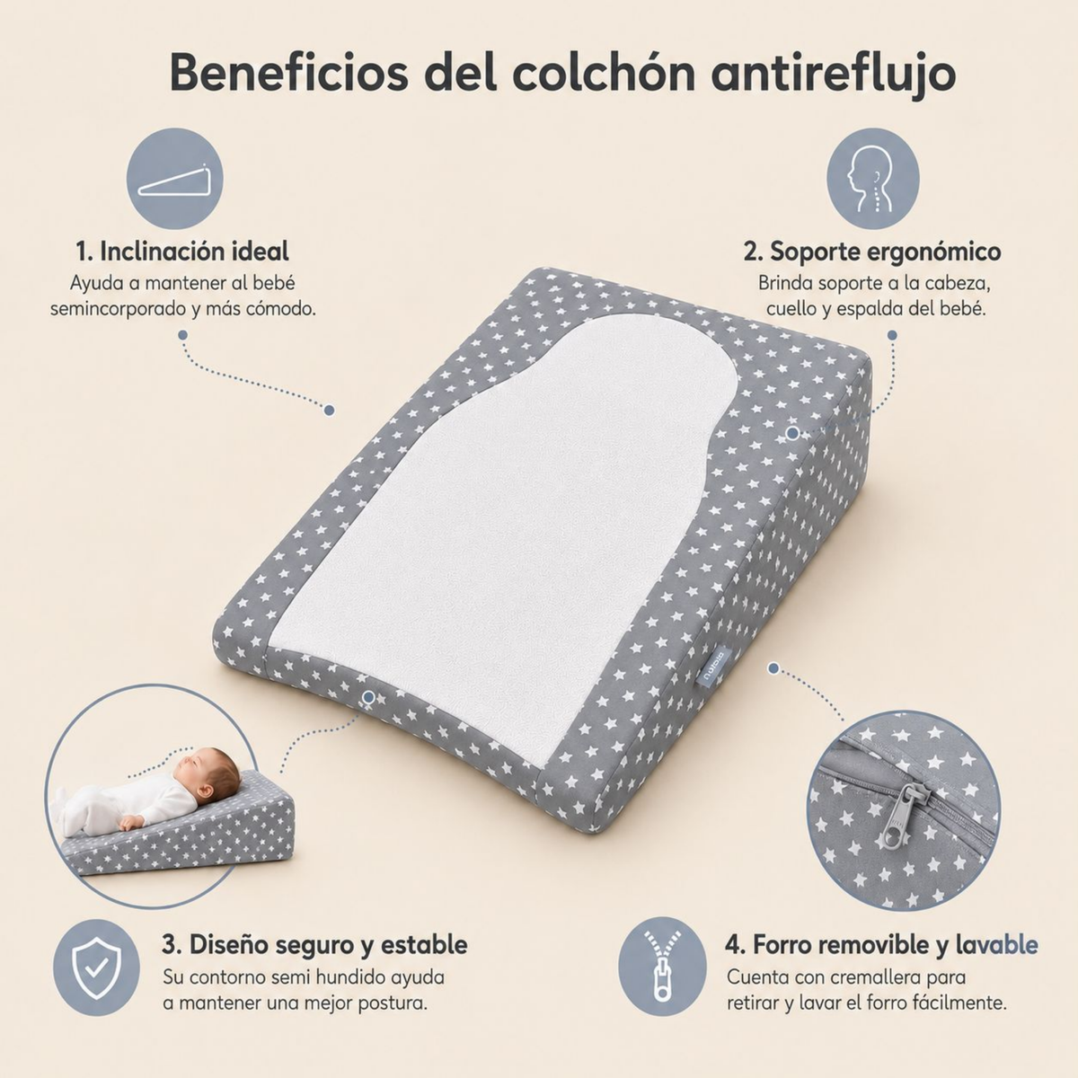 Colchón Antirreflujo para Bebé – Gris Estrellas