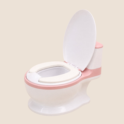 Vasenilla realista Mobilu rosa con tapa abierta mostrando asiento acolchado blanco